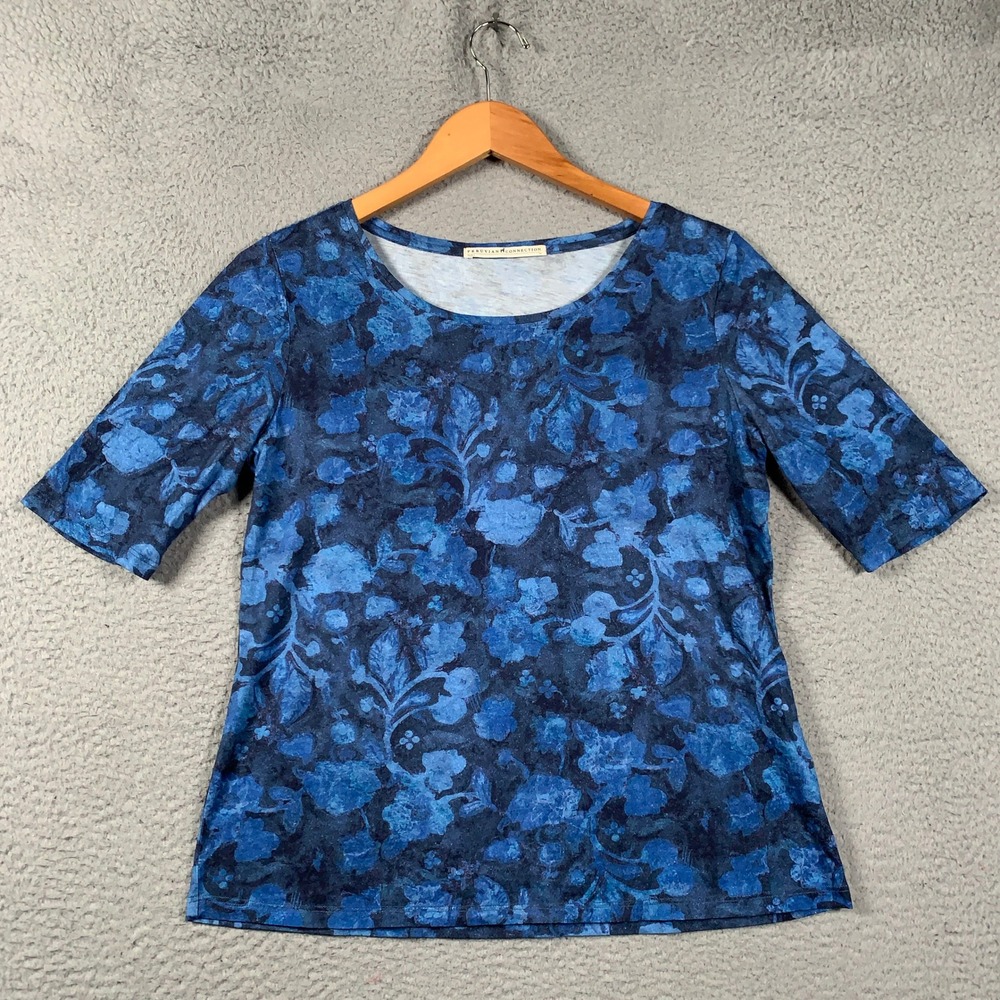 Peruvian Connection Pima Cotton Tee Top Womens Medium Blue Floral Short Sleeve